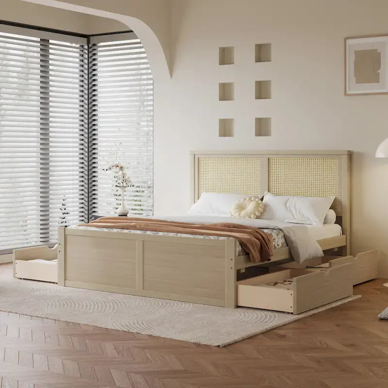 Lit plateforme de rangement en bois avec 4 tiroirs et tête de lit en rotin