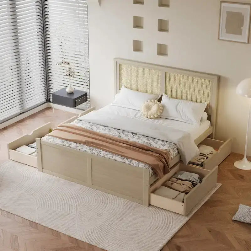 Lit plateforme de rangement en bois avec 4 tiroirs et tête de lit en rotin