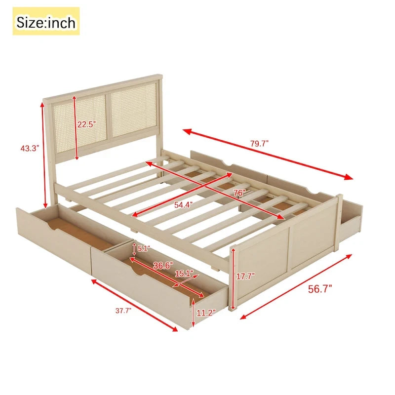 Lit plateforme de rangement en bois avec 4 tiroirs et tête de lit en rotin