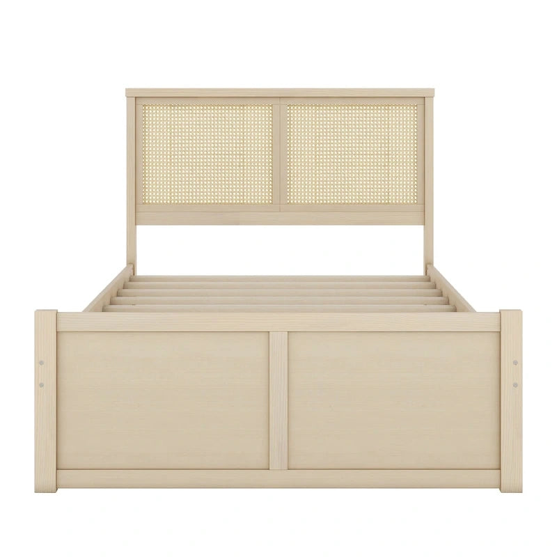 Lit plateforme de rangement en bois avec 4 tiroirs et tête de lit en rotin