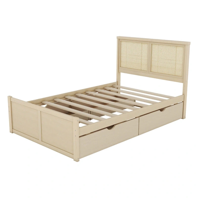 Lit plateforme de rangement en bois avec 4 tiroirs et tête de lit en rotin