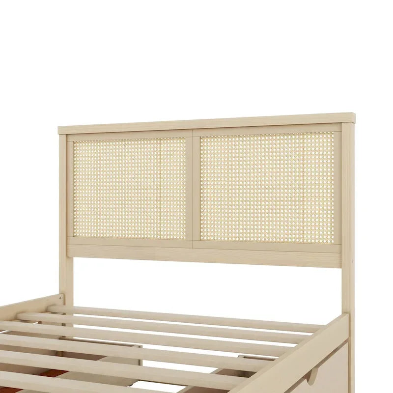 Lit plateforme de rangement en bois avec 4 tiroirs et tête de lit en rotin