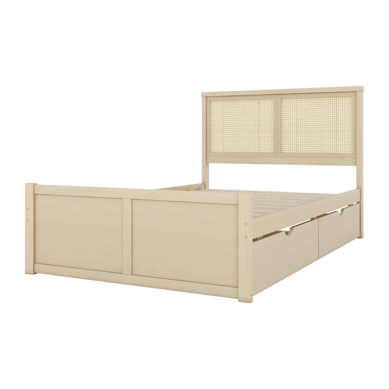Lit plateforme de rangement en bois avec 4 tiroirs et tête de lit en rotin