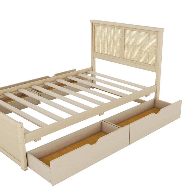 Lit plateforme de rangement en bois avec 4 tiroirs et tête de lit en rotin