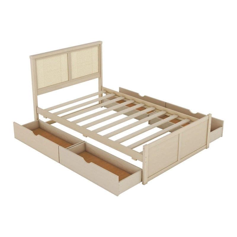 Lit plateforme de rangement en bois avec 4 tiroirs et tête de lit en rotin