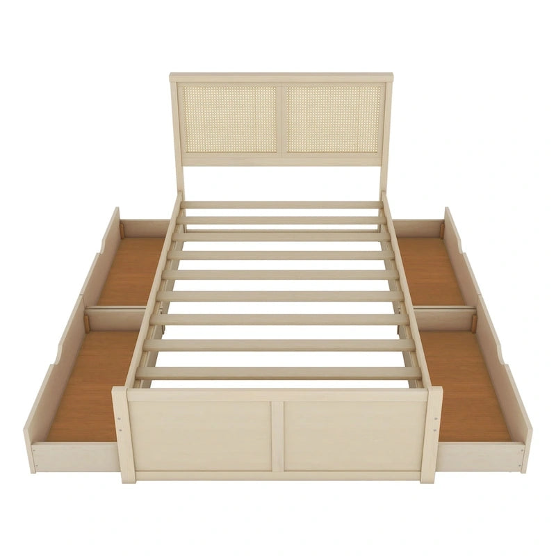 Lit plateforme de rangement en bois avec 4 tiroirs et tête de lit en rotin