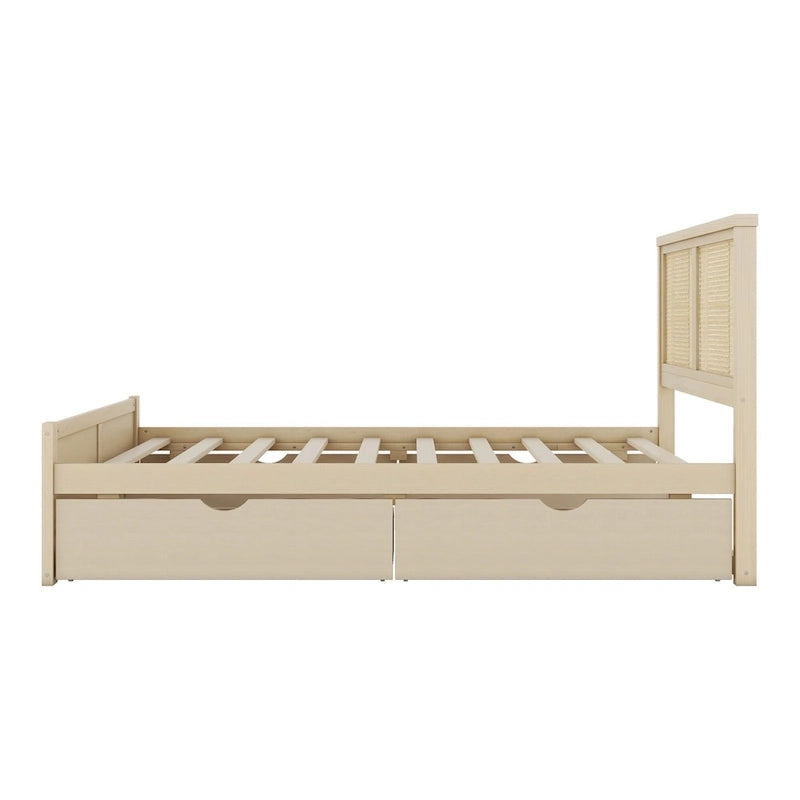Lit plateforme de rangement en bois avec 4 tiroirs et tête de lit en rotin