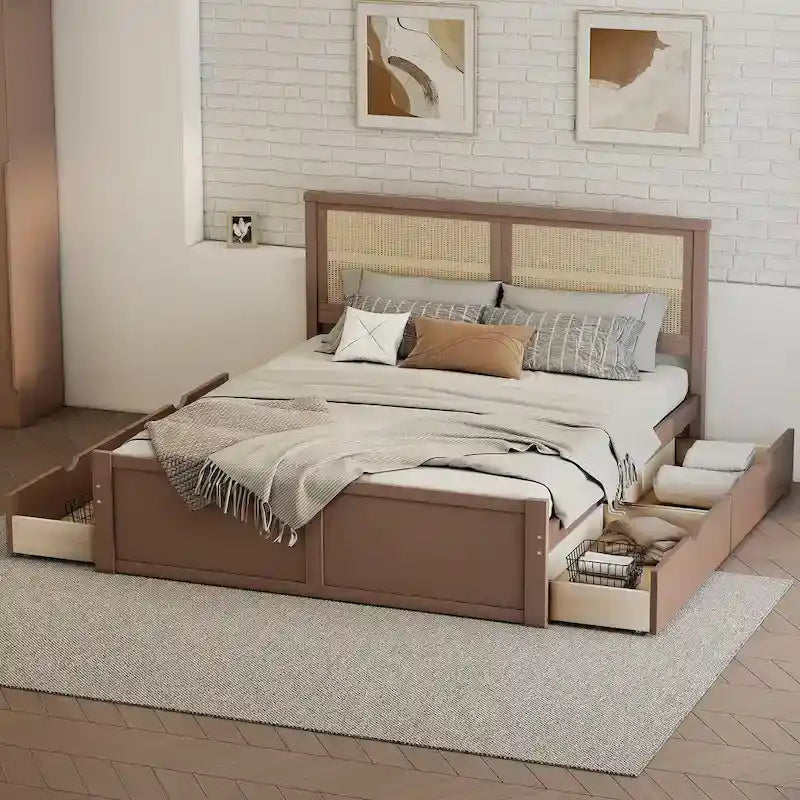 Lit plateforme de rangement en bois avec 4 tiroirs et tête de lit en rotin