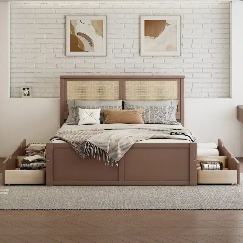 Lit plateforme de rangement en bois avec 4 tiroirs et tête de lit en rotin