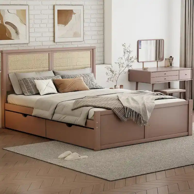 Lit plateforme de rangement en bois avec 4 tiroirs et tête de lit en rotin