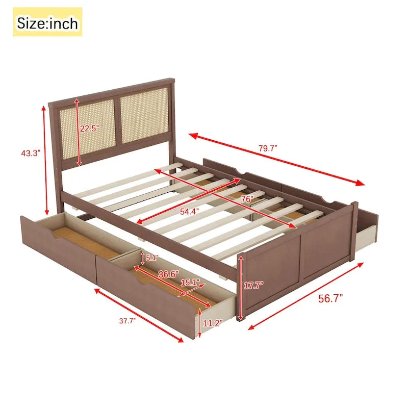 Lit plateforme de rangement en bois avec 4 tiroirs et tête de lit en rotin