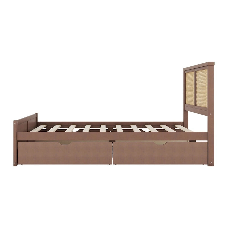 Lit plateforme de rangement en bois avec 4 tiroirs et tête de lit en rotin