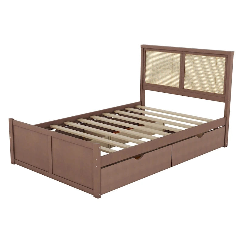 Lit plateforme de rangement en bois avec 4 tiroirs et tête de lit en rotin