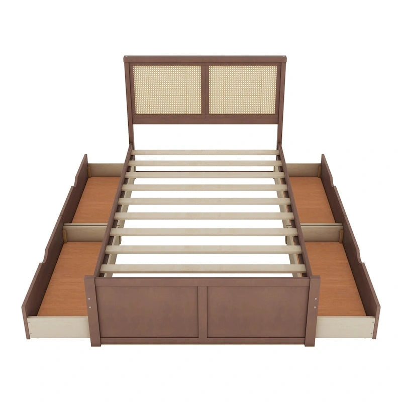 Lit plateforme de rangement en bois avec 4 tiroirs et tête de lit en rotin