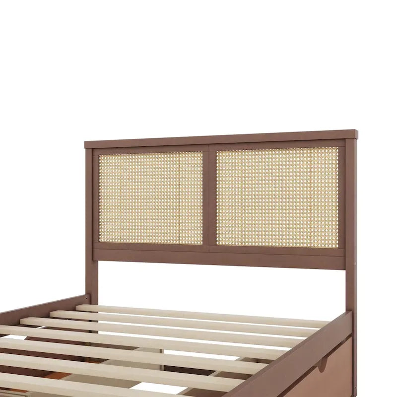 Lit plateforme de rangement en bois avec 4 tiroirs et tête de lit en rotin