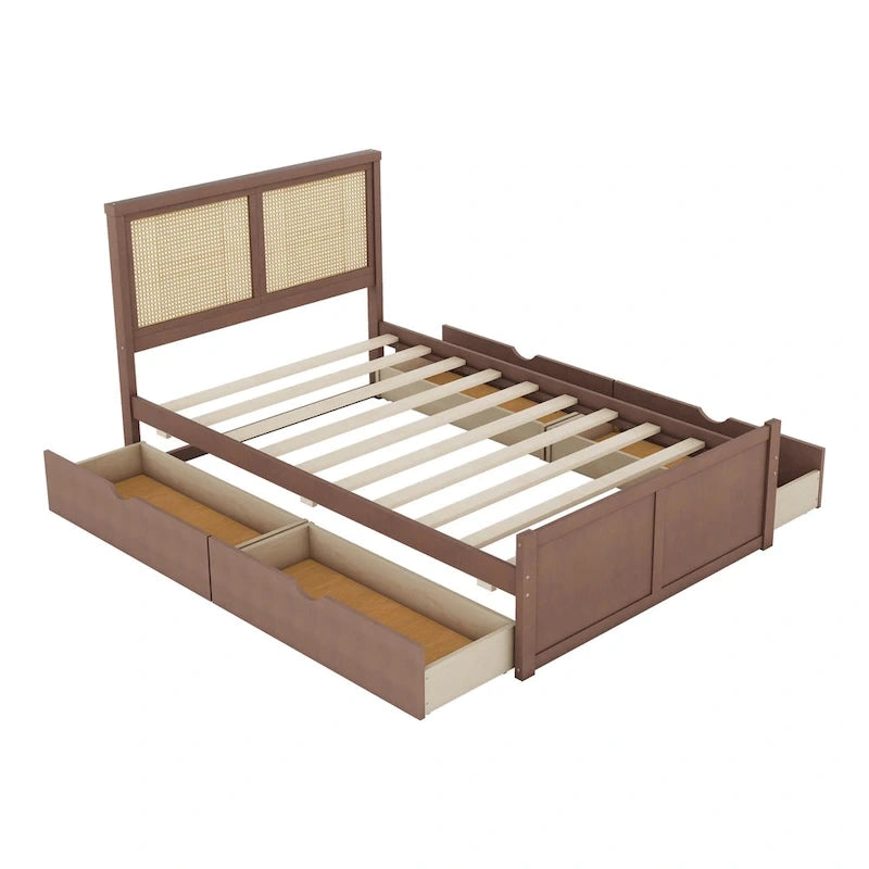 Lit plateforme de rangement en bois avec 4 tiroirs et tête de lit en rotin