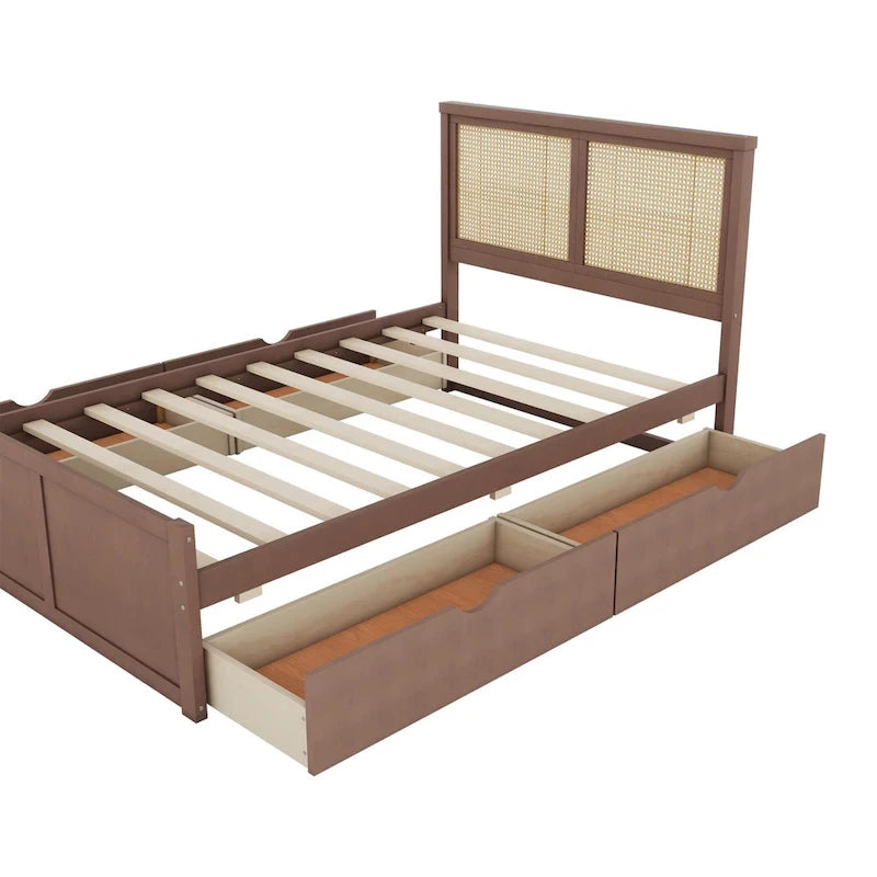 Lit plateforme de rangement en bois avec 4 tiroirs et tête de lit en rotin