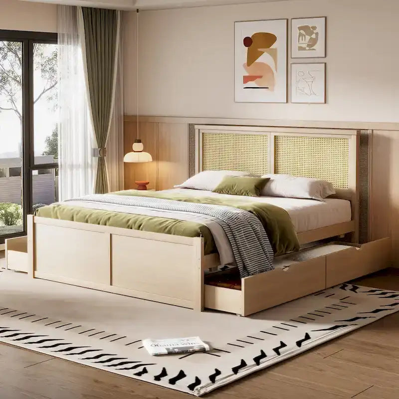 Lit plateforme de rangement en bois avec 4 tiroirs et tête de lit en rotin