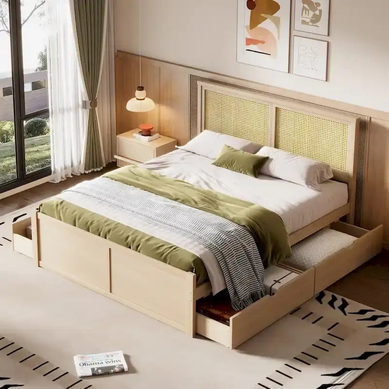 Lit plateforme de rangement en bois avec 4 tiroirs et tête de lit en rotin