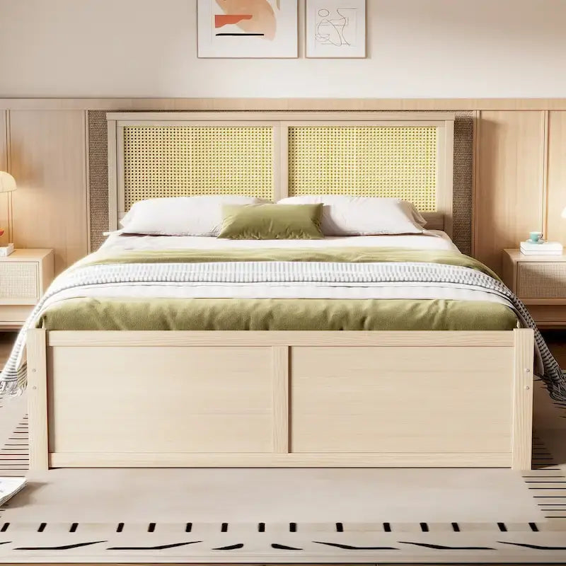 Lit plateforme de rangement en bois avec 4 tiroirs et tête de lit en rotin