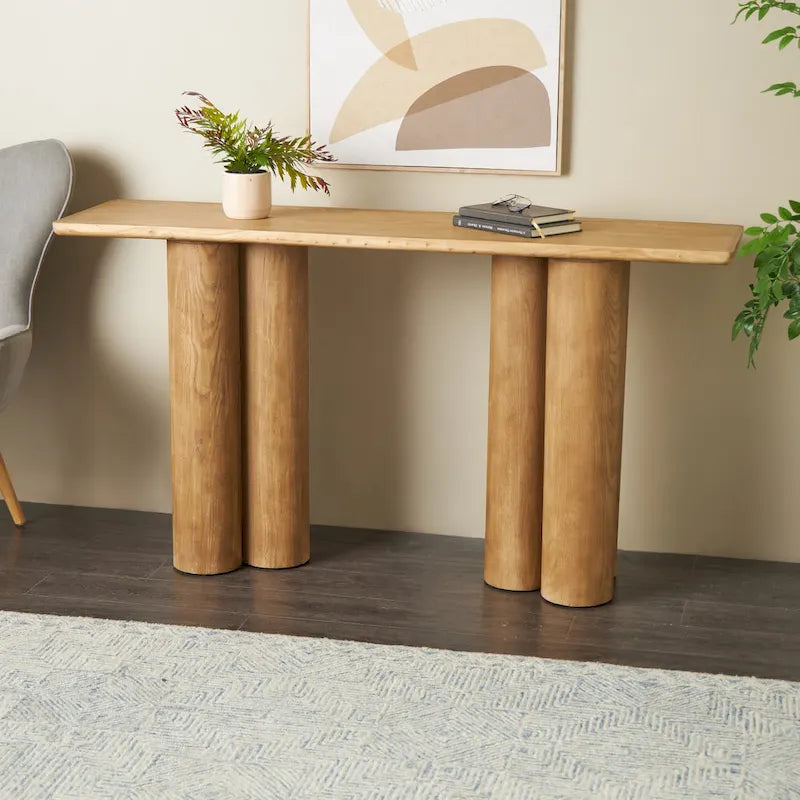 Console en bois faite à la main avec pieds en forme de piliers - Marron