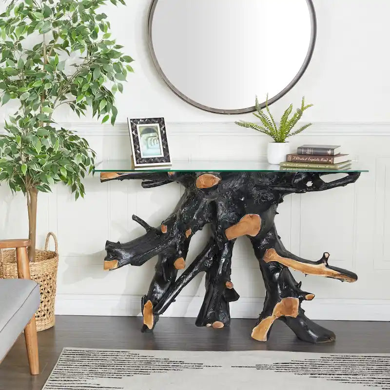 Table console en bois de teck à bord vif avec plateau en verre transparent – Noir – 16W x 49L x 32H