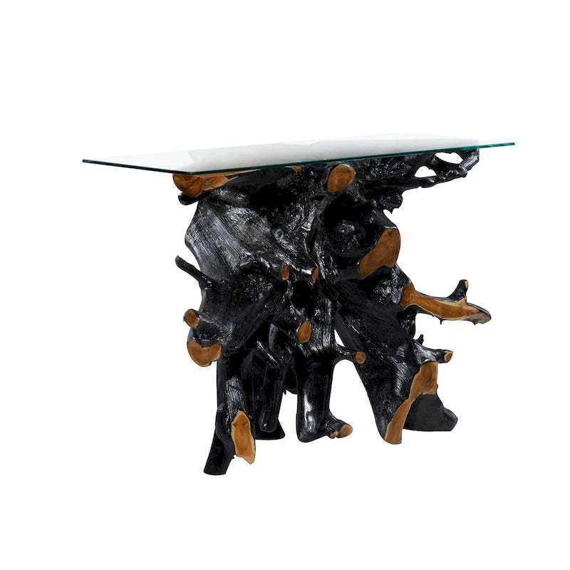 Table console en bois de teck à bord vif avec plateau en verre transparent – Noir – 16W x 49L x 32H