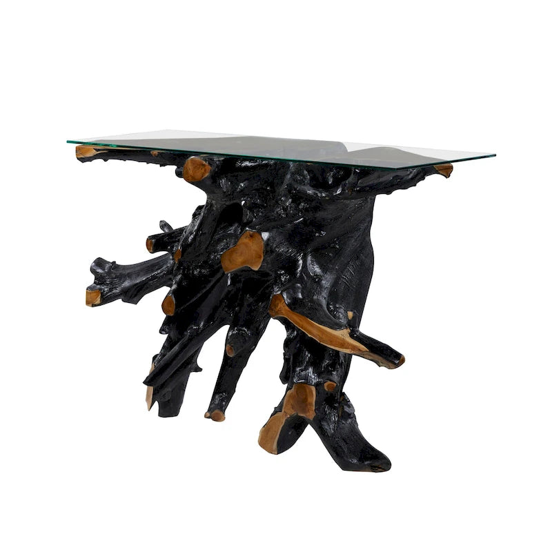Table console en bois de teck à bord vif avec plateau en verre transparent – Noir – 16W x 49L x 32H