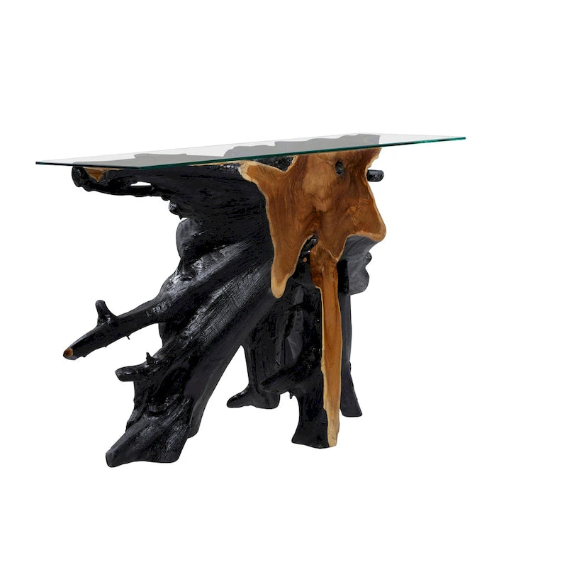 Table console en bois de teck à bord vif avec plateau en verre transparent – Noir – 16W x 49L x 32H