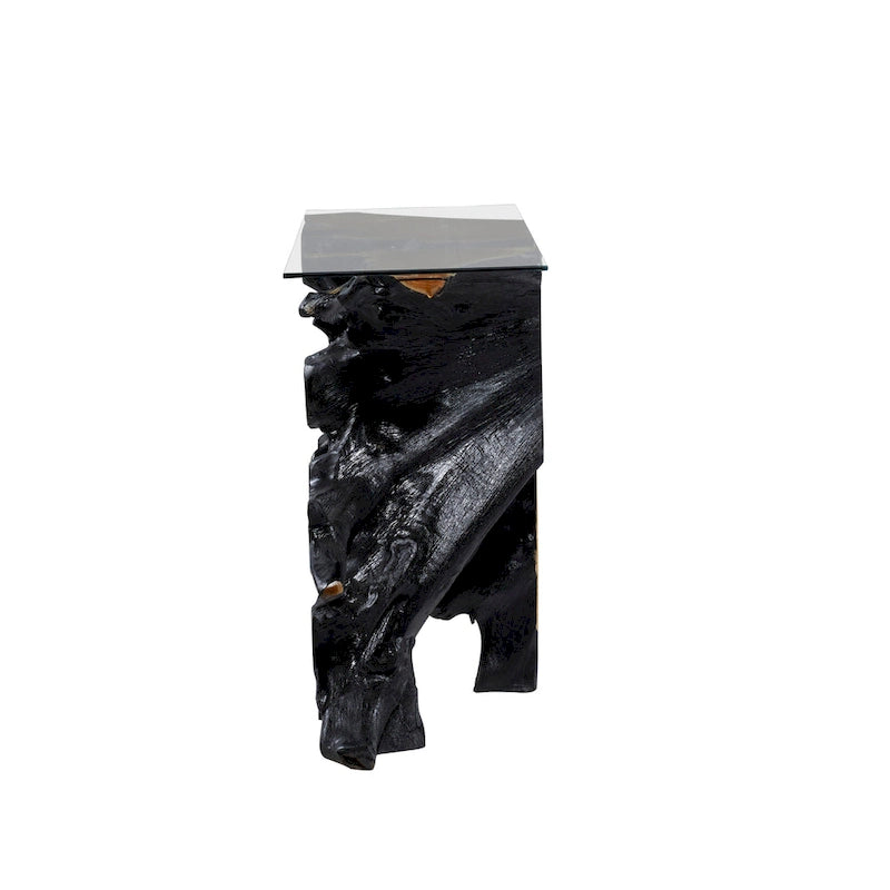 Table console en bois de teck à bord vif avec plateau en verre transparent – Noir – 16W x 49L x 32H