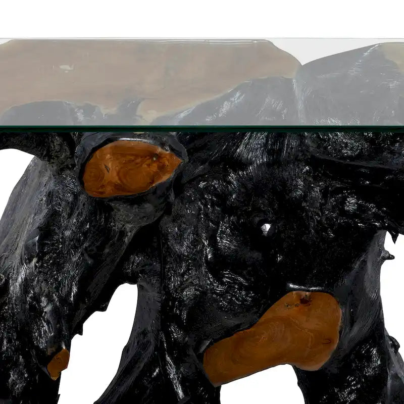 Table console en bois de teck à bord vif avec plateau en verre transparent – Noir – 16W x 49L x 32H