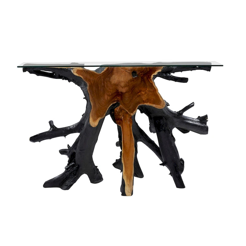Table console en bois de teck à bord vif avec plateau en verre transparent – Noir – 16W x 49L x 32H