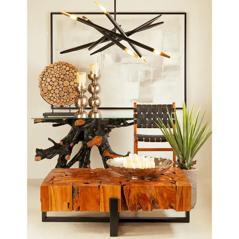 Table console en bois de teck à bord vif avec plateau en verre transparent – Noir – 16W x 49L x 32H