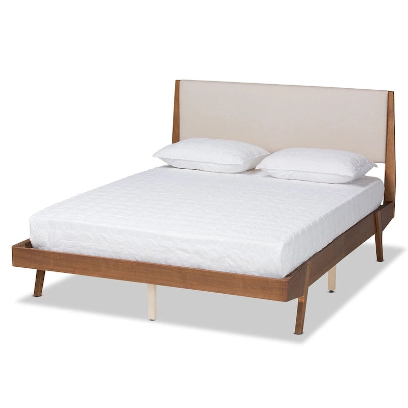 Lit plateforme en bois tapissé de tissu de style Mid-Century Modern, de couleur beige