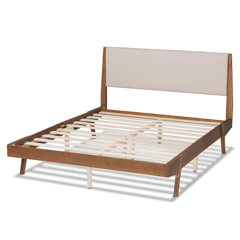 Lit plateforme en bois tapissé de tissu de style Mid-Century Modern, de couleur beige