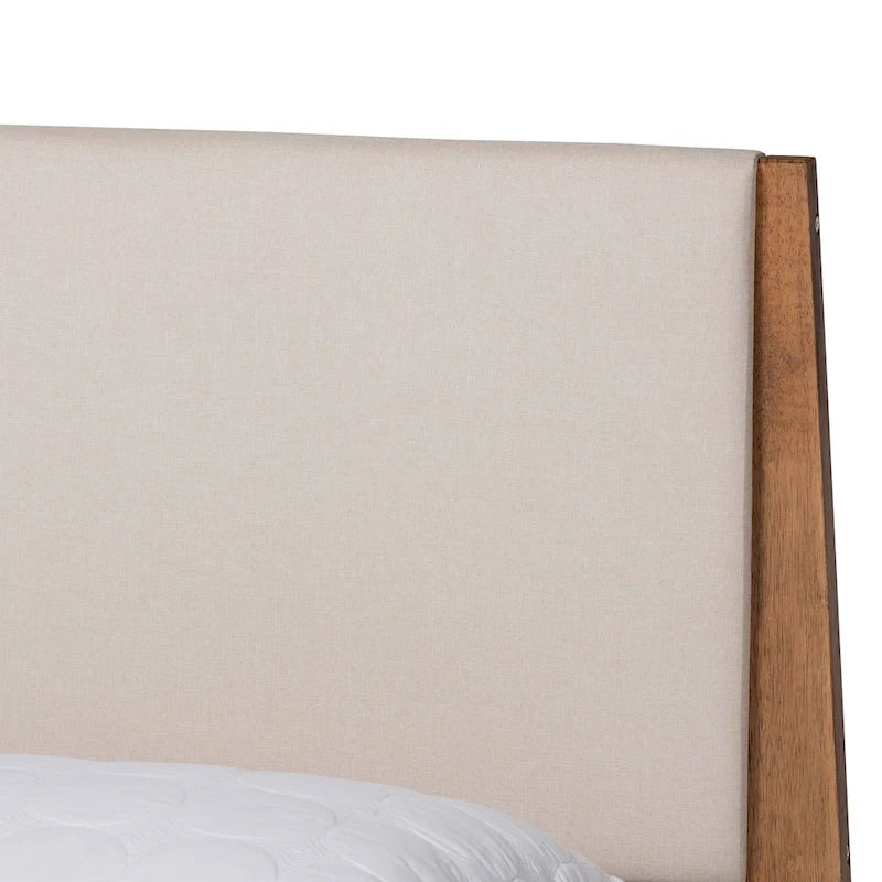 Lit plateforme en bois tapissé de tissu de style Mid-Century Modern, de couleur beige