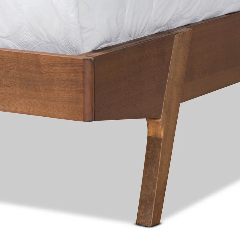 Lit plateforme en bois tapissé de tissu de style Mid-Century Modern, de couleur beige