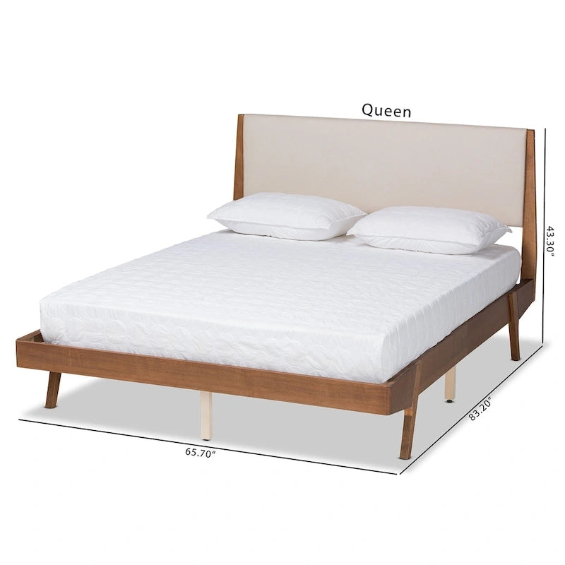 Lit plateforme en bois tapissé de tissu de style Mid-Century Modern, de couleur beige