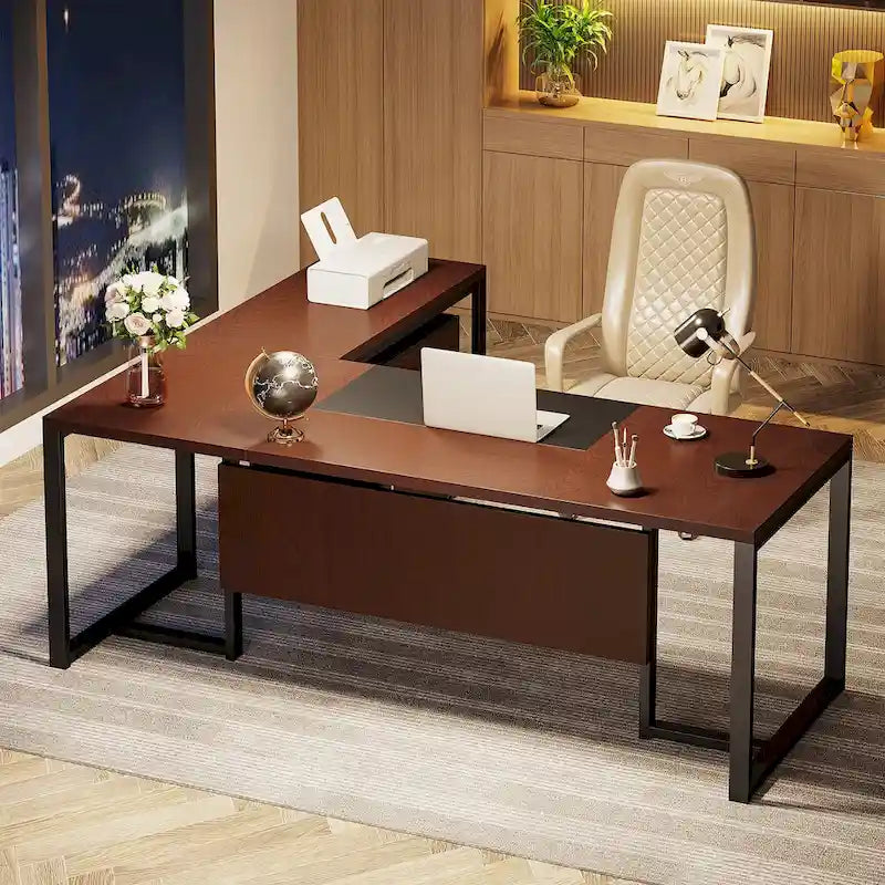 70.8 Executive Desk with File Cabinet, Large L-Shaped Office Executive Desk Computer Desk