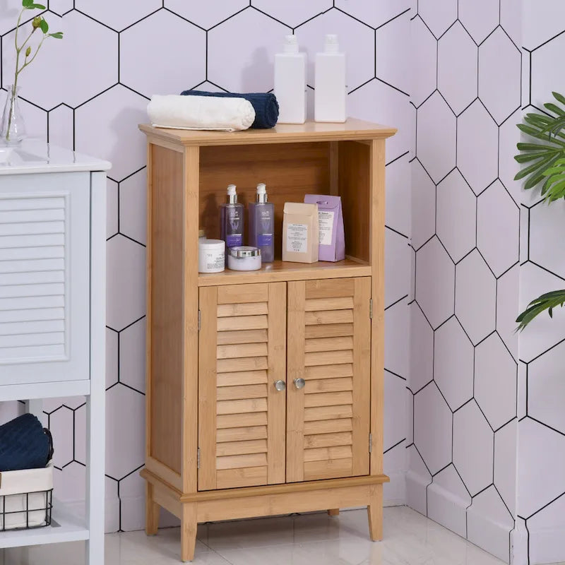 HOMCOM Bamboo Floor Cabinet Bathroom Floor Cabinet Living Room Organizer Tower with Multiple Shelves and Doors, Natural