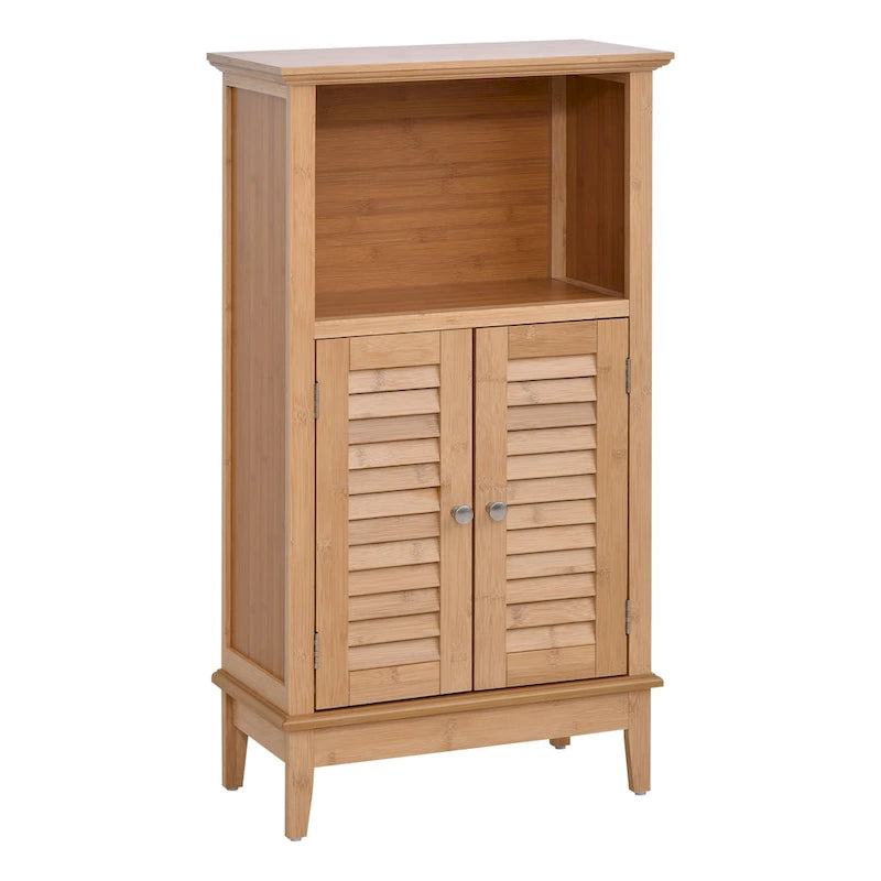 Meuble bas de salle de bain en bambou, Meuble de rangement de salon avec plusieurs étagères et portes, Naturel