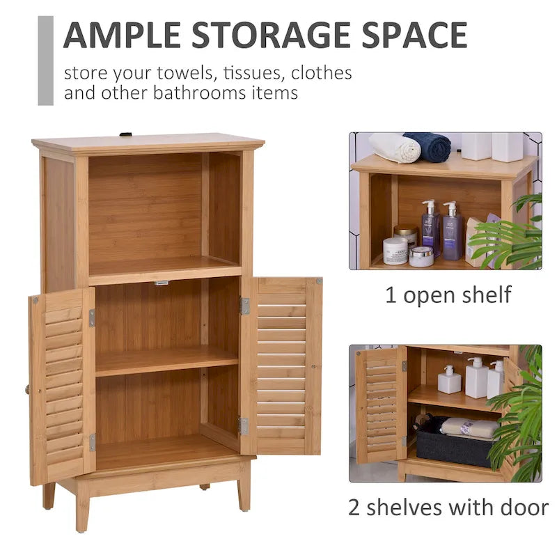 Meuble bas de salle de bain en bambou, Meuble de rangement de salon avec plusieurs étagères et portes, Naturel
