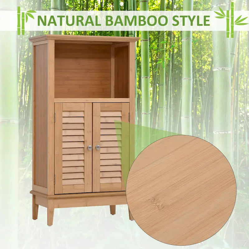 Meuble bas de salle de bain en bambou, Meuble de rangement de salon avec plusieurs étagères et portes, Naturel