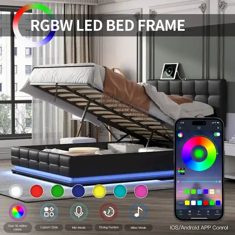Lit plateforme capitonné avec système de rangement hydraulique, lit de rangement Queen size en PU avec lumières LED et chargeur USB, noir