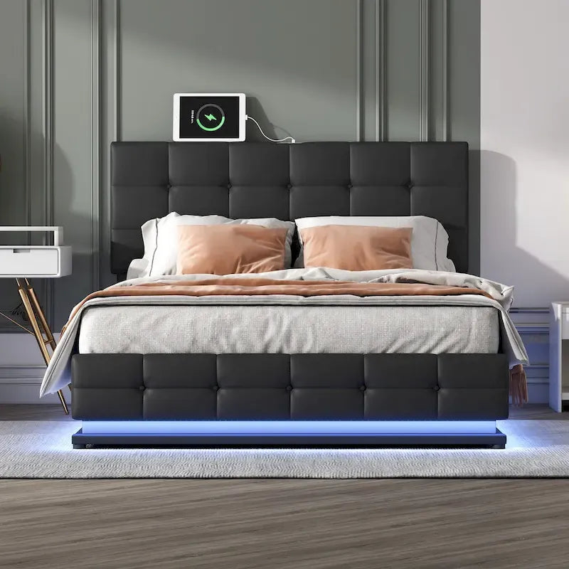 Lit plateforme capitonné avec système de rangement hydraulique, lit de rangement Queen size en PU avec lumières LED et chargeur USB, noir