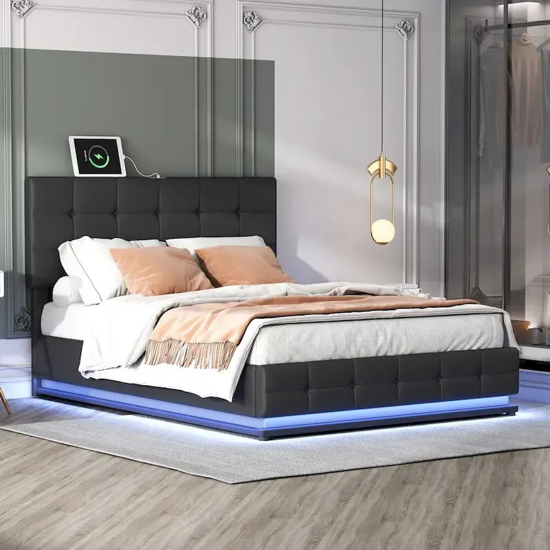 Lit plateforme capitonné avec système de rangement hydraulique, lit de rangement Queen size en PU avec lumières LED et chargeur USB, noir