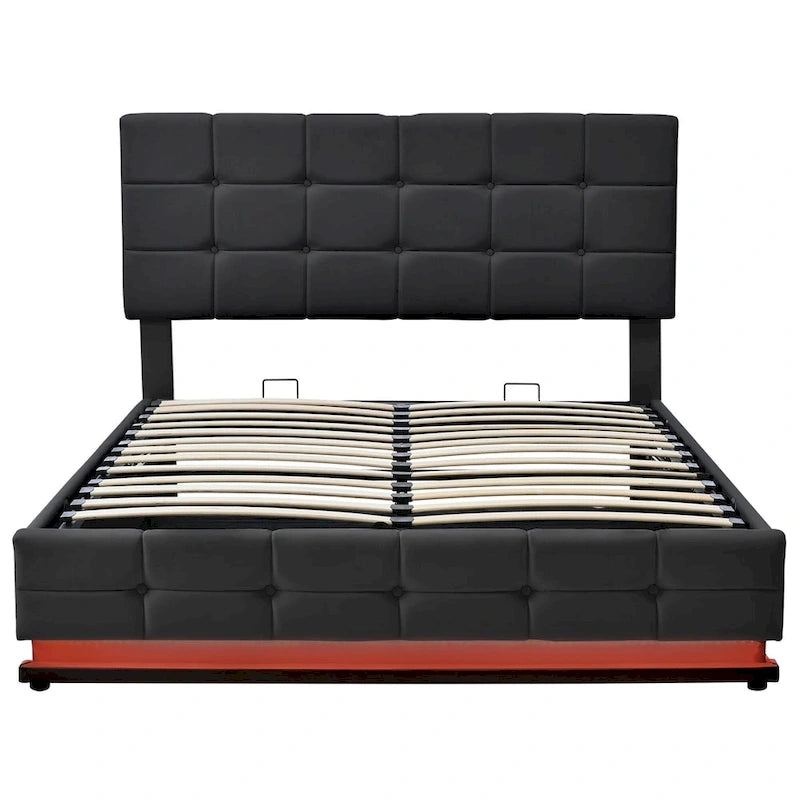 Lit plateforme capitonné avec système de rangement hydraulique, lit de rangement Queen size en PU avec lumières LED et chargeur USB, noir