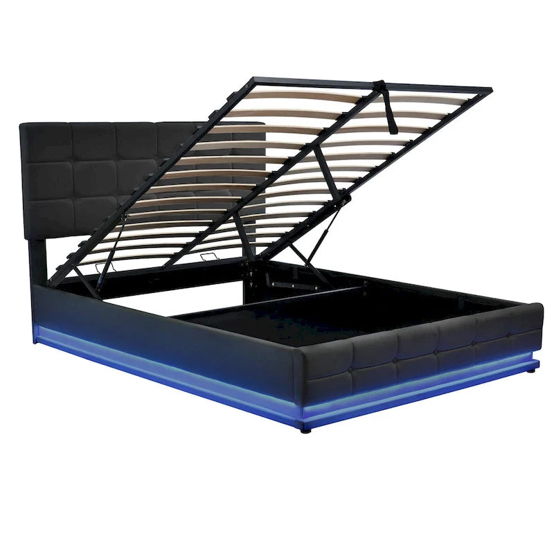 Lit plateforme capitonné avec système de rangement hydraulique, lit de rangement Queen size en PU avec lumières LED et chargeur USB, noir