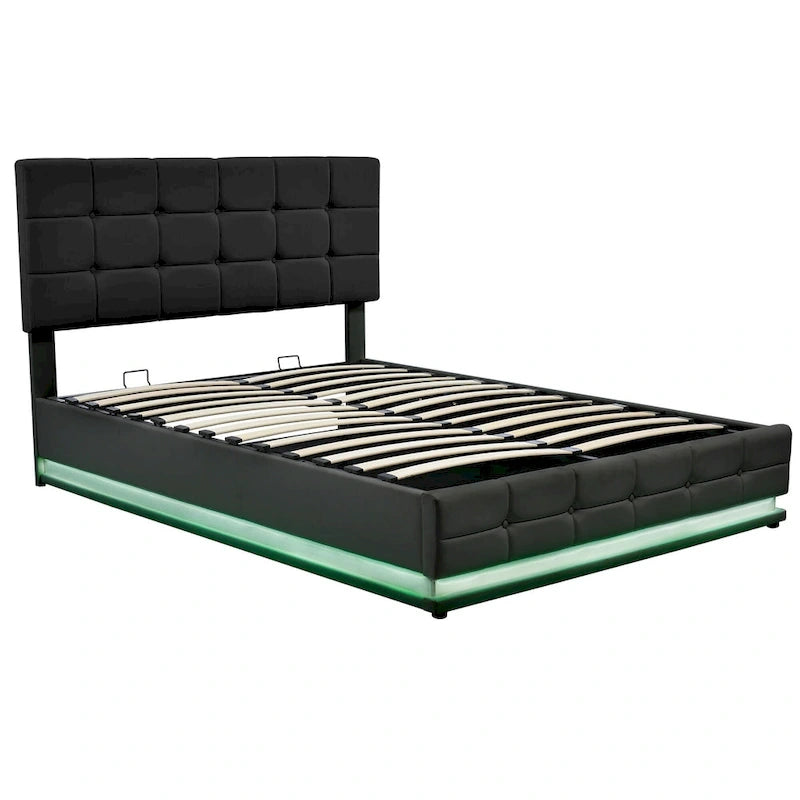 Lit plateforme capitonné avec système de rangement hydraulique, lit de rangement Queen size en PU avec lumières LED et chargeur USB, noir