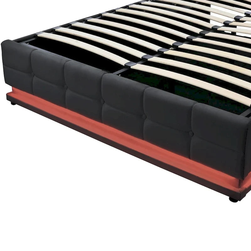 Lit plateforme capitonné avec système de rangement hydraulique, lit de rangement Queen size en PU avec lumières LED et chargeur USB, noir